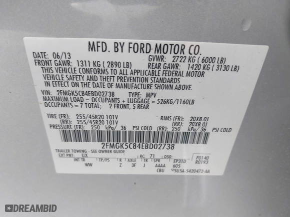 2014 Ford Flex SEL with VIN 2FMGK5C84EBD02738, listed as a IAAI auction lot 41712816 with 217,646 mi miles. Bid and sale history available at carsss.com. Image 9.