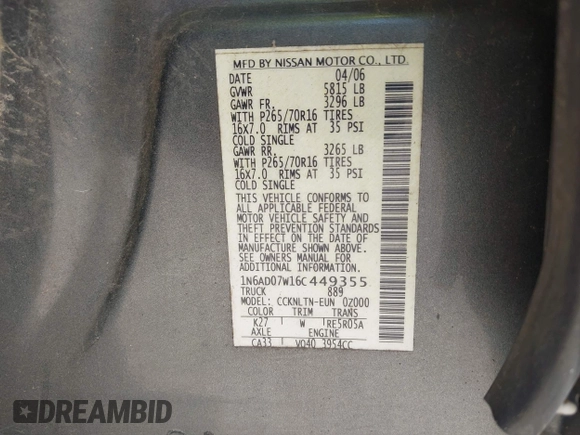 2006 Nissan Frontier SE с VIN 1N6AD07W16C449355, выставлен на аукционе IAAI как лот 42297843 с пробегом 218 728 миль миль и . История ставок и продаж доступна на DreamBid. Изображение 9.