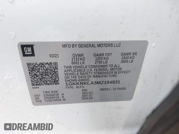 2021 GMC Acadia SLE with VIN 1GKKNKLA5MZ194931, listed as a IAAI auction lot 41281605 with 65,517 mi miles and . Bid and sale history available at DreamBid. Image 9.