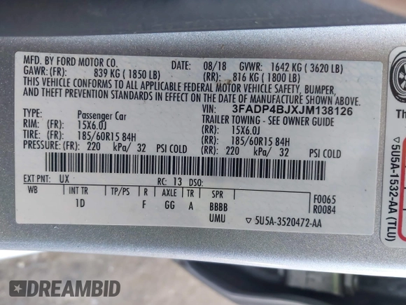 2018 Ford Fiesta SE with VIN 3FADP4BJXJM138126, listed as a IAAI auction lot 42006057 with 188,156 mi miles. Bid and sale history available at carsss.com. Image 9.