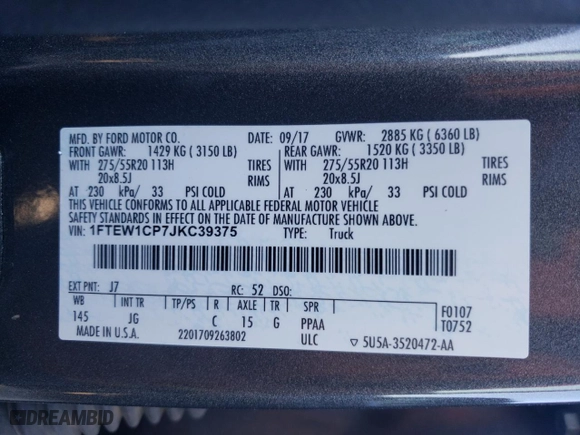 2018 Ford F-150 XL with VIN 1FTEW1CP7JKC39375, listed as a Copart auction lot 46460095 with 59,911 mi miles and Salvage Title. Bid and sale history available at carsss.com. Image 12.