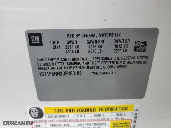 2013 Chevrolet Malibu ECO with VIN 1G11F5RR9DF100188, listed as a Copart auction lot 50232845 with 69,995 mi miles and Salvage Title. Bid and sale history available at carsss.com. Image 12.