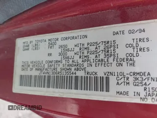 1994 Toyota Pickup DLX с VIN JT4VN13D6R5135544, выставлен на аукционе IAAI как лот 42465052 с пробегом 141 711 миль миль и . История ставок и продаж доступна на DreamBid. Изображение 9.