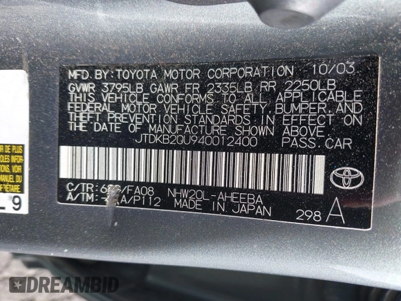 2004 Toyota Prius z VIN JTDKB20U940012400, wystawiony jako IAAI lot #42355509 z przebiegiem 177 550 mil mil oraz . Historia ofert i sprzedaży dostępna na DreamBid. Obrazek 9.