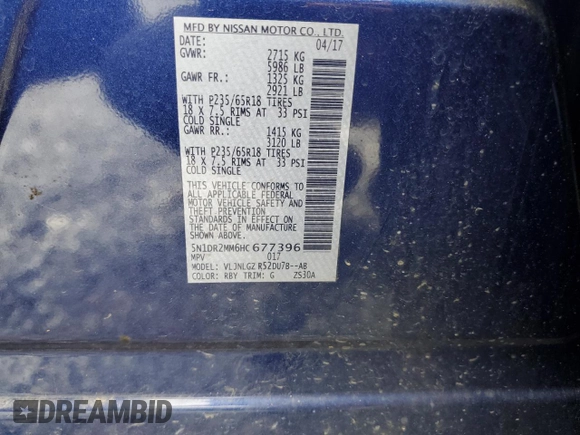 2017 Nissan Pathfinder SL z VIN 5N1DR2MM6HC677396, wystawiony jako Copart lot #56929385 z przebiegiem 93 867 mil mil oraz Szkoda całkowita • Salvage title. Historia ofert i sprzedaży dostępna na DreamBid. Obrazek 13.