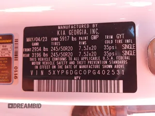 2023 Kia Telluride S with VIN 5XYP6DGC0PG402531, listed as a IAAI auction lot 41377916 with 32,717 mi miles and . Bid and sale history available at DreamBid. Image 9.