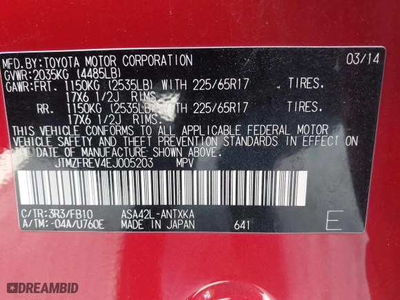 2014 Toyota RAV4 LE with VIN JTMZFREV4EJ005203, listed as a IAAI auction lot 42022295 with 130,193 mi miles. Bid and sale history available at carsss.com. Image 9.