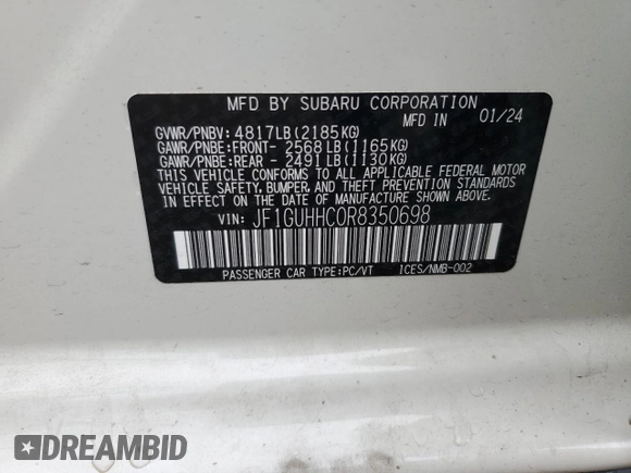 2024 Subaru Impreza RS with VIN JF1GUHHC0R8350698, listed as a Copart auction lot 69672104 with 1,805 mi miles and Salvage Title. Bid and sale history available at carsss.com. Image 12.