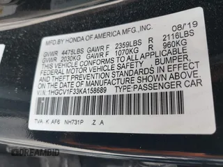 2019 Honda Accord Sport with VIN 1HGCV1F33KA158689, listed as a IAAI auction lot 41967106 with 64,623 mi miles and . Bid and sale history available at DreamBid. Image 9.