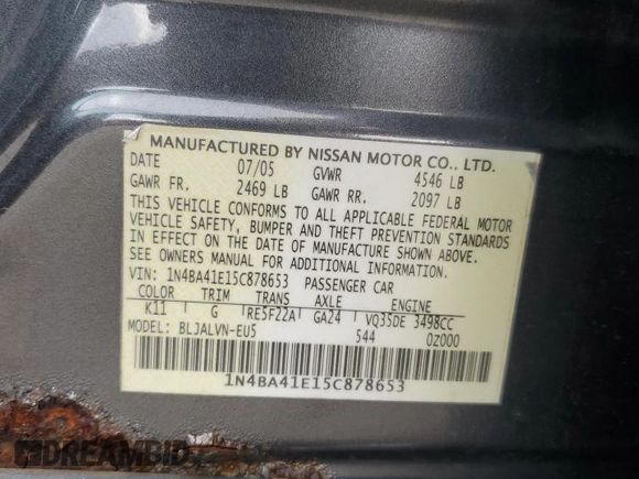 2005 Nissan Maxima SL with VIN 1N4BA41E15C878653, listed as a Copart auction lot 74027814 with 183,466 mi miles and Salvage Title. Bid and sale history available at DreamBid. Image 12.