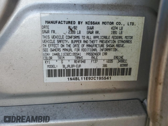 2002 Nissan Altima SE with VIN 1N4BL11E92C195541, listed as a Copart auction lot 42852345 with 68,649 mi miles and Clean Title. Bid and sale history available at carsss.com. Image 12.