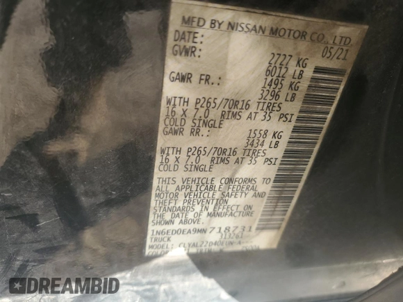2021 Nissan Frontier SV z VIN 1N6ED0EA9MN718731, wystawiony jako Copart lot #83206694 z przebiegiem 57 465 mil mil oraz Nie do naprawy • Non repairable. Historia ofert i sprzedaży dostępna na DreamBid. Obrazek 12.