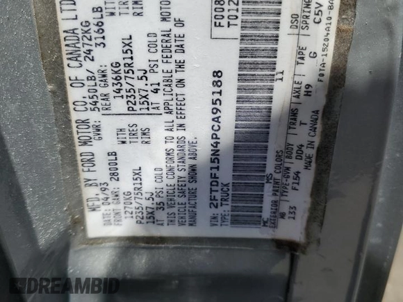 1993 Ford F-150 z VIN 2FTDF15N4PCA95188, wystawiony jako Copart lot #57810385 z przebiegiem 195 093 mil mil oraz Szkoda całkowita • Salvage title. Historia ofert i sprzedaży dostępna na DreamBid. Obrazek 12.