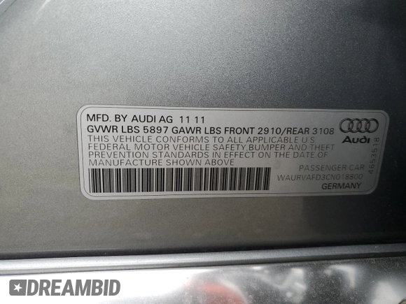 2012 Audi A8 L with VIN WAURVAFD3CN018800, listed as a Copart auction lot 53815475 with 85,417 mi miles and Salvage Title. Bid and sale history available at carsss.com. Image 13.