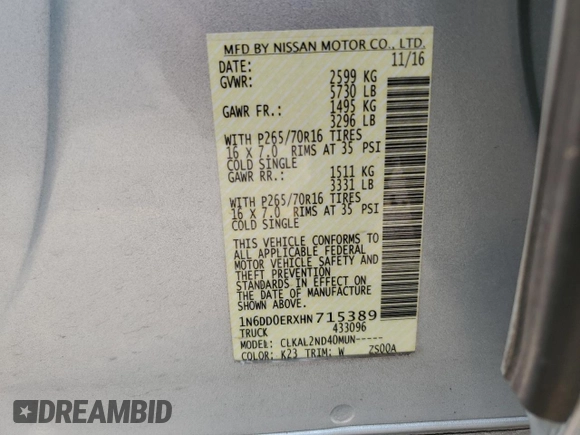 2017 Nissan Frontier SV z VIN 1N6DD0ERXHN715389, wystawiony jako Copart lot #59271085 z przebiegiem 80 037 mil mil oraz Szkoda całkowita • Salvage title. Historia ofert i sprzedaży dostępna na DreamBid. Obrazek 12.
