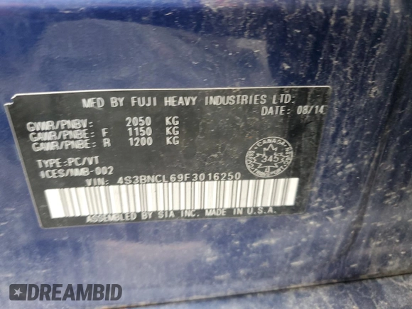 2015 Subaru Legacy with VIN 4S3BNCL69F3016250, listed as a Copart auction lot 67354684 with 220,617 mi miles and Salvage title. Bid and sale history available at DreamBid. Image 13.
