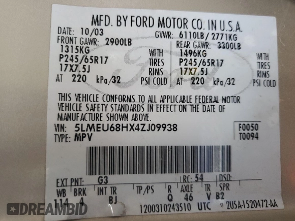 2004 Lincoln Aviator Luxury z VIN 5LMEU68HX4ZJ09938, wystawiony jako Copart lot #52117635 z przebiegiem 147 801 mil mil oraz Szkoda całkowita • Salvage title. Historia ofert i sprzedaży dostępna na DreamBid. Obrazek 13.