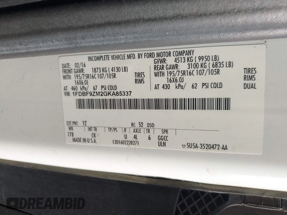 2016 Ford Transit с VIN 1FDBF9ZM2GKA85337, выставлен на аукционе IAAI как лот 40520874 с пробегом 201 636 миль миль и . История ставок и продаж доступна на DreamBid. Изображение 9.