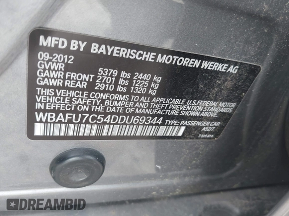 2013 BMW 5 Series 535i xDrive with VIN WBAFU7C54DDU69344, listed as a IAAI auction lot 42103048 with 123,918 mi miles and . Bid and sale history available at DreamBid. Image 9.