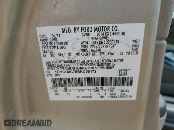 2011 Ford Escape XLS with VIN 1FMCU0C75BKC58172, listed as a Copart auction lot 60492825 with 114,518 mi miles and Salvage title. Bid and sale history available at DreamBid. Image 12.