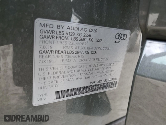 2020 Audi Q3 S line Premium with VIN WA1DECF38L1076385, listed as a Copart auction lot 47289355 with 67,536 mi miles and Non repairable. Bid and sale history available at DreamBid. Image 13.