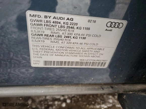 2018 Audi Q3 Premium Plus with VIN WA1JCCFSXJR027607, listed as a Copart auction lot 43586245 with 67,907 mi miles and Salvage Title. Bid and sale history available at carsss.com. Image 12.