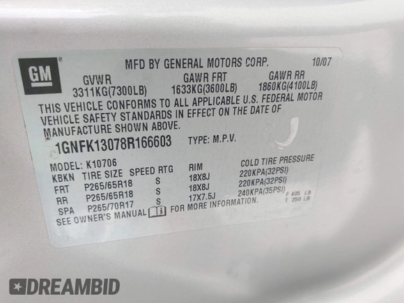 2008 Chevrolet Tahoe 3LT with VIN 1GNFK13078R166603, listed as a IAAI auction lot 42258023 with 282,911 mi miles and . Bid and sale history available at DreamBid. Image 9.