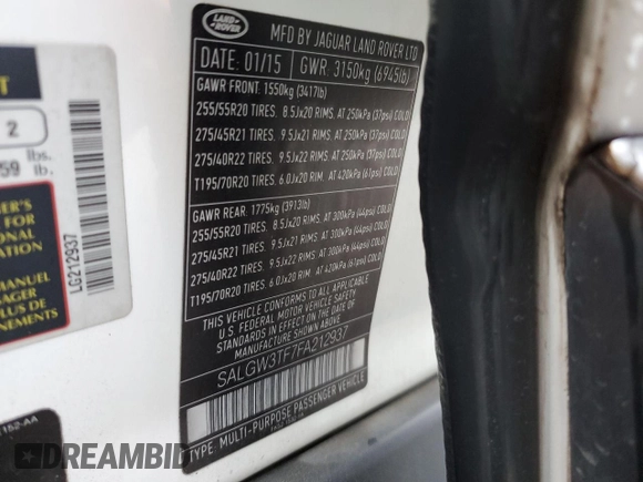 2015 Land Rover Range Rover with VIN SALGW3TF7FA212937, listed as a Copart auction lot 74187203 with 161,308 mi miles and . Bid and sale history available at DreamBid. Image 13.
