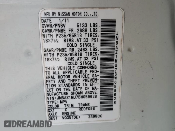 2011 Nissan Murano S with VIN JN8AZ1MU7BW059628, listed as a Copart auction lot 71840404 with 169,683 mi miles and Salvage Title. Bid and sale history available at carsss.com. Image 14.