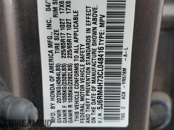 2012 Honda CR-V EX-L with VIN 5J6RM4H73CL048416, listed as a Copart auction lot 61410265 with 107,160 mi miles and Salvage title. Bid and sale history available at DreamBid. Image 12.