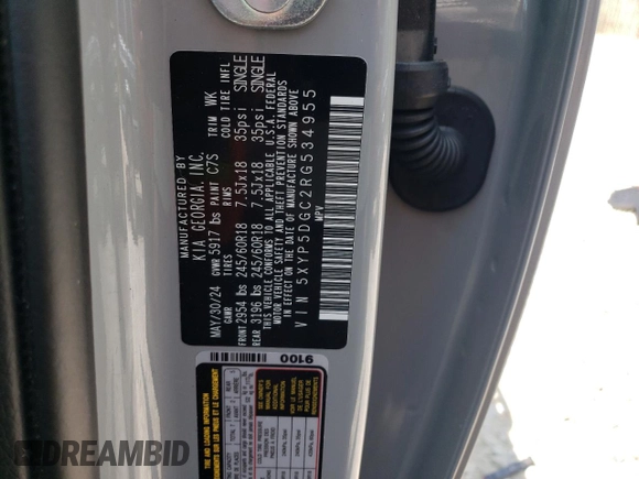 2024 Kia Telluride SX X-Pro z VIN 5XYP5DGC2RG534955, wystawiony jako Copart lot #59326615 z przebiegiem 6 164 mil mil oraz Szkoda całkowita • Salvage title. Historia ofert i sprzedaży dostępna na DreamBid. Obrazek 14.