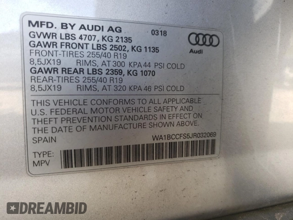 2018 Audi Q3 Premium with VIN WA1BCCFS5JR032069, listed as a Copart auction lot 67421882 with 35,876 mi miles. Bid and sale history available at carsss.com. Image 12.