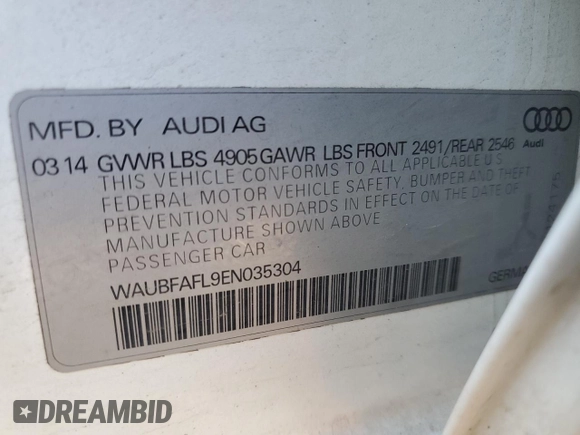 2014 Audi A4 Premium с VIN WAUBFAFL9EN035304, выставлен на аукционе Copart как лот 50780265 с пробегом 123 464 миль миль и Чистый • Clean title. История ставок и продаж доступна на DreamBid. Изображение 15.