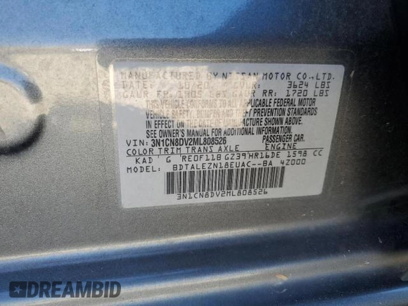 2021 Nissan Versa S with VIN 3N1CN8DV2ML808526, listed as a Copart auction lot 53477135 with 45,181 mi miles and Non Repairable. Bid and sale history available at carsss.com. Image 12.