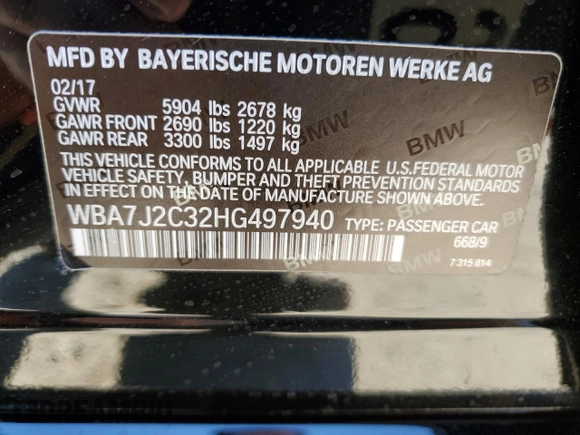 2017 BMW 7 Series 740e xDrive iPerformance with VIN WBA7J2C32HG497940, listed as a Copart auction lot 37401353 with 24,508 mi miles. Bid and sale history available at carsss.com. Image 12.