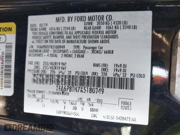 2019 Ford Mustang EcoBoost z VIN 1FA6P8TH7K5180949, wystawiony jako IAAI lot #42093614 z przebiegiem 82 936 mil mil oraz . Historia ofert i sprzedaży dostępna na DreamBid. Obrazek 9.