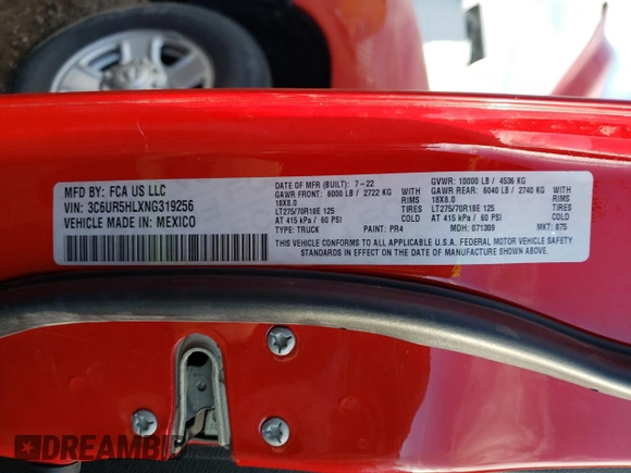 2022 Ram 2500 Tradesman z VIN 3C6UR5HLXNG319256, wystawiony jako Copart lot #77614424 z przebiegiem 43 755 mil mil oraz Szkoda całkowita • Salvage title. Historia ofert i sprzedaży dostępna na DreamBid. Obrazek 12.