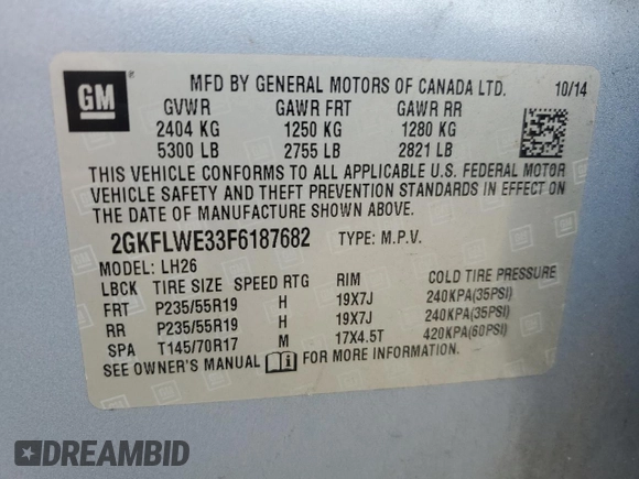 2015 GMC Terrain SLE z VIN 2GKFLWE33F6187682, wystawiony jako Copart lot #50373825 z przebiegiem 150 103 mil mil oraz Szkoda całkowita • Salvage title. Historia ofert i sprzedaży dostępna na DreamBid. Obrazek 15.