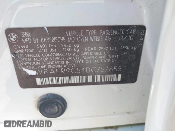 2011 BMW 5 Series 550i with VIN WBAFR9C54BC757655, listed as a IAAI auction lot 42855289 with 150,848 mi miles and . Bid and sale history available at DreamBid. Image 9.