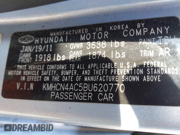 2011 Hyundai Accent GLS with VIN KMHCN4AC5BU620770, listed as a IAAI auction lot 42086165 with 233,404 mi miles and . Bid and sale history available at DreamBid. Image 9.