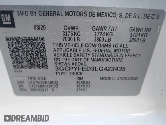 2020 Chevrolet Silverado 1500 LT Trail Boss with VIN 3GCPYFED3LG423435, listed as a IAAI auction lot 41825832 with 73,445 mi miles. Bid and sale history available at carsss.com. Image 9.