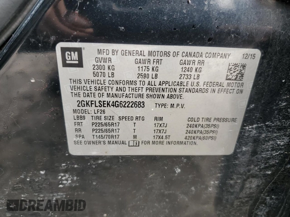 2016 GMC Terrain SLE with VIN 2GKFLSEK4G6222683, listed as a Copart auction lot 46422275 with 100,916 mi miles and Salvage Title. Bid and sale history available at carsss.com. Image 16.