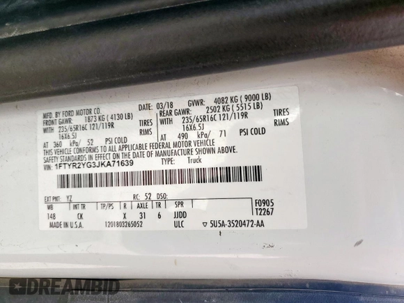 2018 Ford Transit with VIN 1FTYR2YG3JKA71639, listed as a Copart auction lot 53021975 with Not Provided miles and Salvage Title. Bid and sale history available at DreamBid. Image 13.