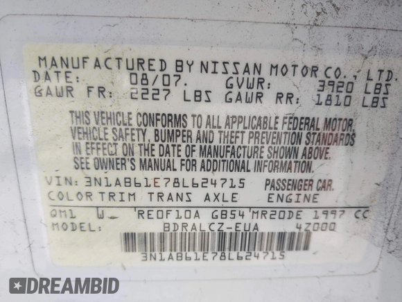2008 Nissan Sentra S with VIN 3N1AB61E78L624715, listed as a IAAI auction lot 42022759 with 165,432 mi miles and . Bid and sale history available at DreamBid. Image 9.
