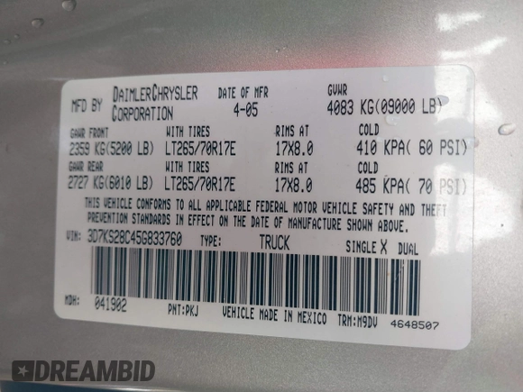 2005 Dodge 2500 SLT with VIN 3D7KS28C45G833760, listed as a IAAI auction lot 41412577 with 312,323 mi miles and . Bid and sale history available at DreamBid. Image 9.