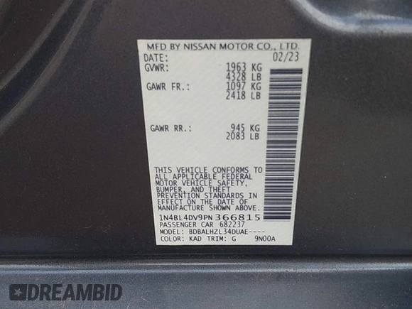 2023 Nissan Altima SV z VIN 1N4BL4DV9PN366815, wystawiony jako IAAI lot #42134938 z przebiegiem 75 540 mil mil oraz . Historia ofert i sprzedaży dostępna na DreamBid. Obrazek 9.