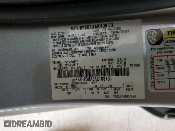 2010 Ford Fusion SE with VIN 3FAHP0HA3AR108731, listed as a Copart auction lot 65373045 with 196,583 mi miles and Salvage title. Bid and sale history available at DreamBid. Image 12.