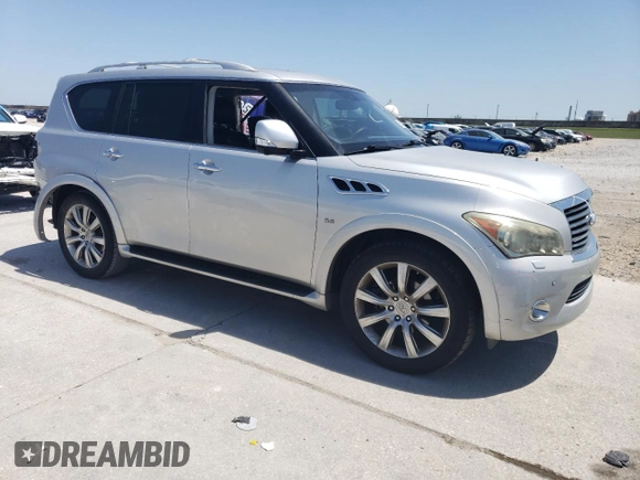2014 Infiniti QX80 with VIN JN8AZ2NF4E9555172, listed as a Copart auction lot 52302975 with 107,709 mi miles and Salvage Title. Bid and sale history available at DreamBid. Image 4.