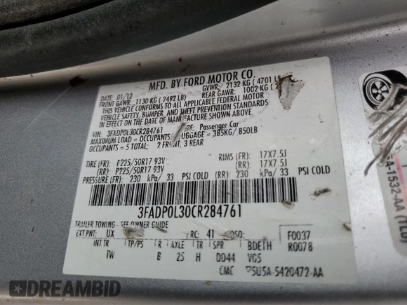 2012 Ford Fusion Hybrid с VIN 3FADP0L30CR284761, выставлен на аукционе Copart как лот 61286445 с пробегом 171 073 миль миль и Списание • Salvage title. История ставок и продаж доступна на DreamBid. Изображение 13.