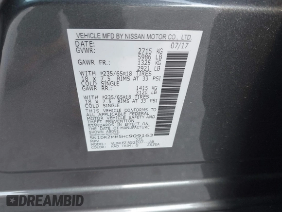 2017 Nissan Pathfinder SL with VIN 5N1DR2MM5HC909163, listed as a IAAI auction lot 41295750 with 72,617 mi miles. Bid and sale history available at carsss.com. Image 9.